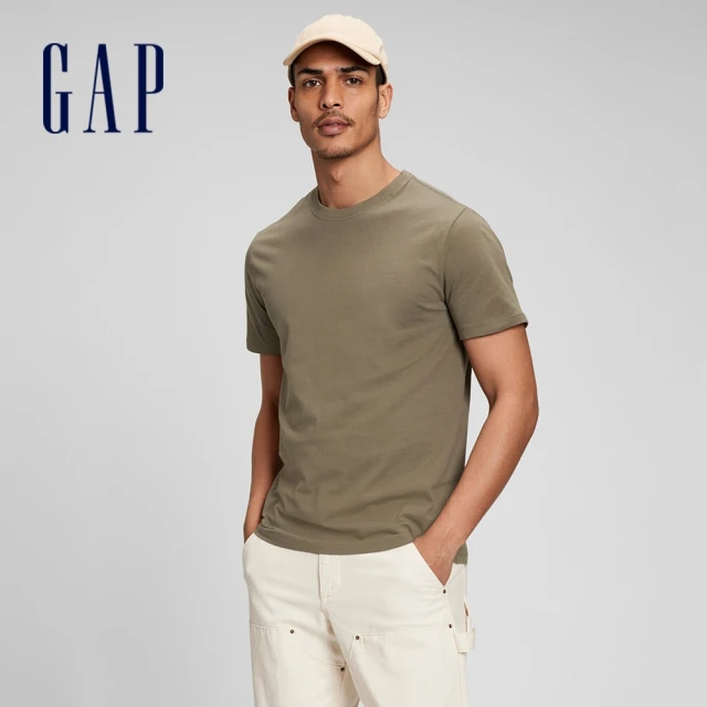 GAP 男女同款 純棉圓領短袖素T-軍綠色(842063)