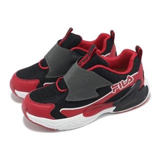 【FILA】慢跑鞋 J412Z 中童 黑 紅 魔鬼氈 小朋友 緩衝 拼接 閃燈 發光 燈鞋 運動鞋 斐樂(7J412Z021)