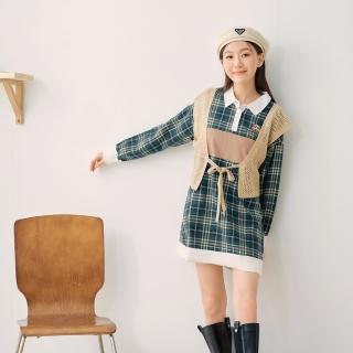 【OB 嚴選】蘇格蘭格紋萌犬電繡拼接磨毛長版上衣 《KG1224》