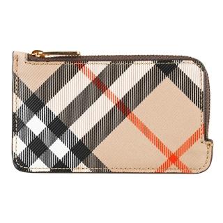 【BURBERRY 巴寶莉】BURBERRY 經典格紋印花塗層帆布皮革拉鍊卡片零錢夾(沙棕)