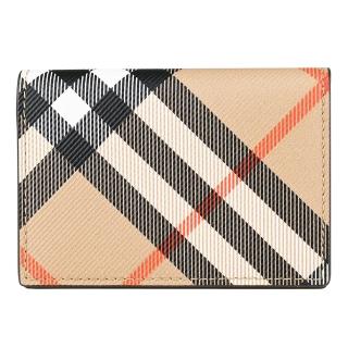 【BURBERRY 巴寶莉】BURBERRY 經典格紋印花塗層帆布對折卡片夾包(沙棕)