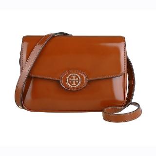 【TORY BURCH】TORY BURCH Robinson古銅金LOGO漆面牛皮翻蓋磁釦式斜背/肩背豆腐包(深赭棕)