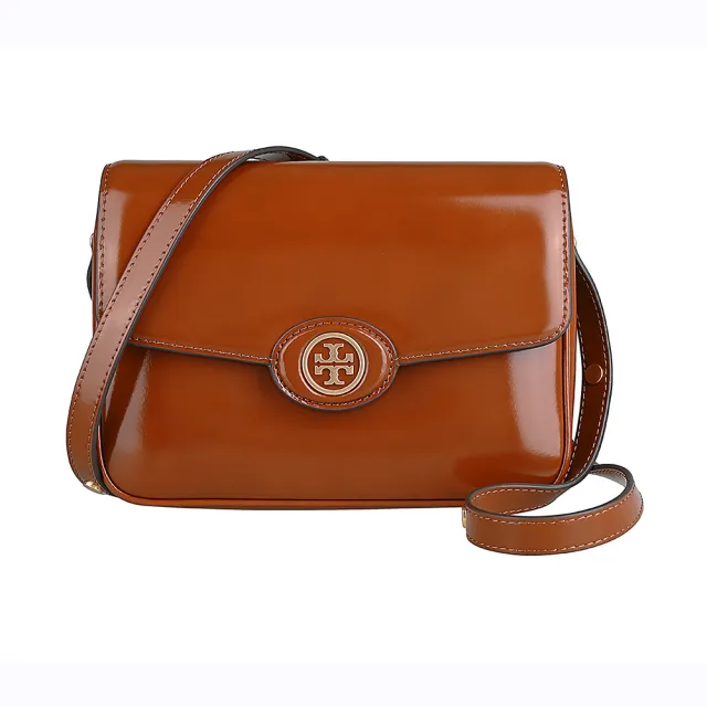 【TORY BURCH】TORY BURCH Robinson古銅金LOGO漆面牛皮翻蓋磁釦式斜背/肩背豆腐包(深赭棕)