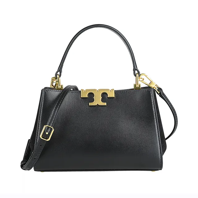 【TORY BURCH】TORY BURCH Eleanor古金T字LOGO牛皮拼接麂皮絨磁釦式手提/斜背梯形包(迷你/黑)