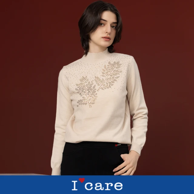 I’Care 依卡 現貨-燕麥色水鑽小立領毛衣（M-XL）｜女長袖上衣 女毛衣(510-33311)