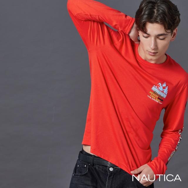 【NAUTICA】官方旗艦 男裝 山脈圖騰印花長袖T恤(紅色)