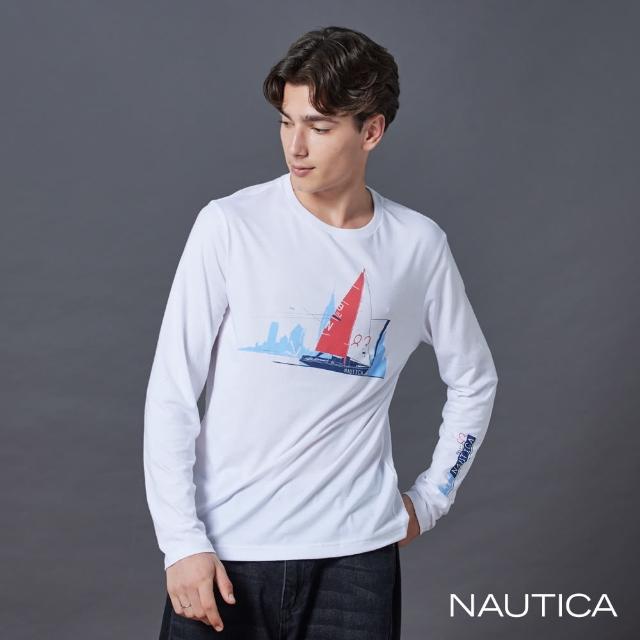 【NAUTICA】官方旗艦 男裝 帆船圖騰印花長袖T恤(白色)