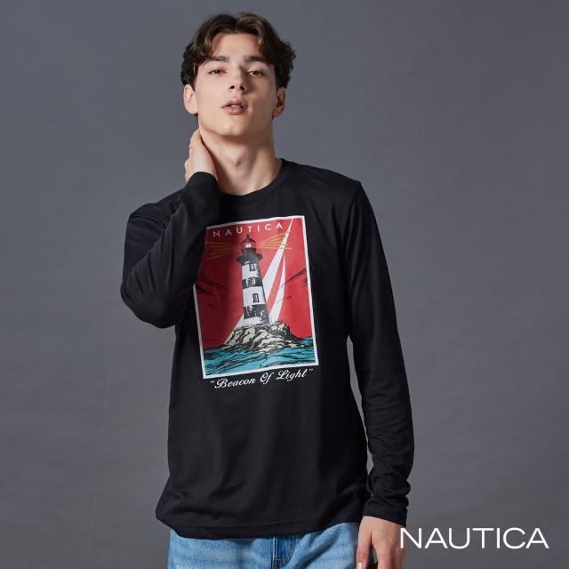 【NAUTICA】官方旗艦 男裝 燈塔圖騰印花長袖T恤(黑色)