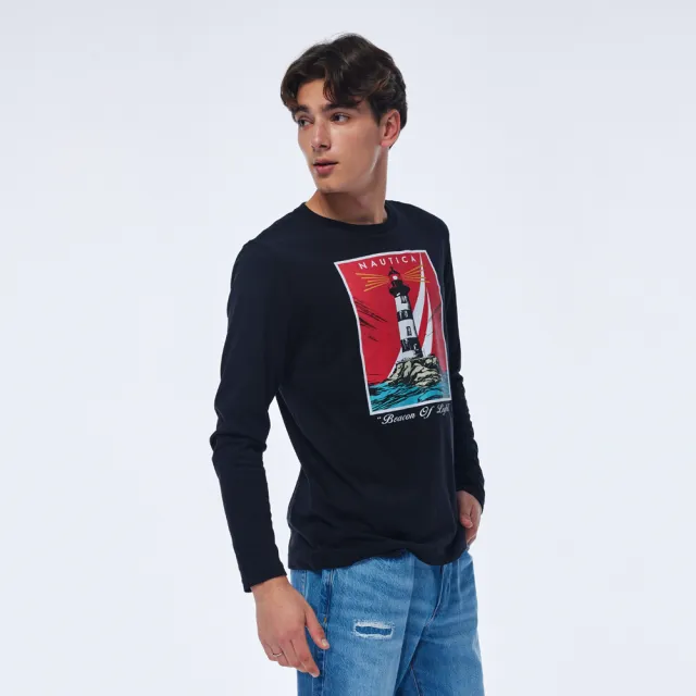 【NAUTICA】官方旗艦 男裝 燈塔圖騰印花長袖T恤(黑色)