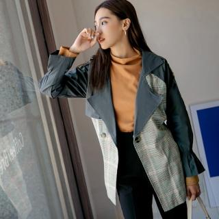 【OB 嚴選】保暖拼接配色格紋綁帶絨毛內裡長袖風衣外套 《EA3086》