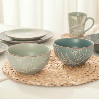 【YU Living 信歐傢居】亞光柔和夏日芭蕉葉餐碗二件組 500ML(二件一組/2色任選/藍.綠色/飯碗.湯碗)