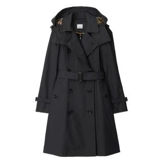 【BURBERRY 巴寶莉】80842511 經典尼龍雙排扣拼接格紋可拆式連帽夾克風衣外套(黑色)