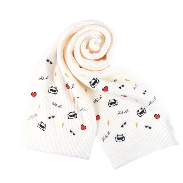 KARL LAGERFELD 卡爾 羅紋刺繡針織圍巾-白色好
