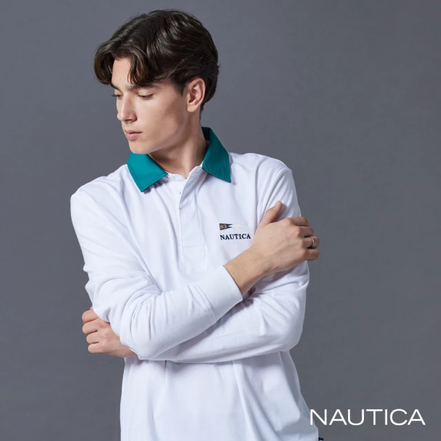 NAUTICA 官方旗艦 男裝 跳色領圍旗幟印花長袖POLO衫(白色)