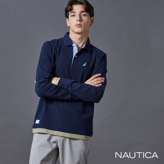 NAUTICA 官方旗艦 男裝 跳色領圍長袖POLO衫(藍色)