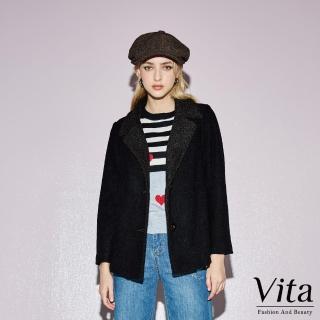 【MYSHEROS 蜜雪兒】VITA 羊毛混紡大衣外套 翻領排釦剪裁(黑)