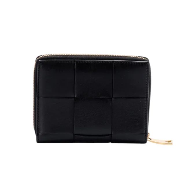【BOTTEGA VENETA 寶緹嘉】Compact Cassette 大格編織 羊皮 拉鍊 卡夾 皮夾 短夾 黑色 681191