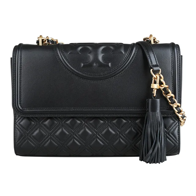 【TORY BURCH】TORY BURCH Fleming 立體圓標LOGO菱格紋縫線皮革流蘇肩背斜背鍊帶包(黑)