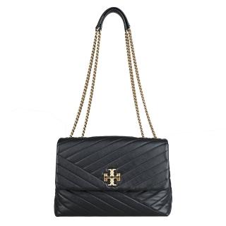 【TORY BURCH】TORY BURCH Kira 經典雙T標誌V型紋絎縫納帕皮革肩背斜背鍊帶包(黑)