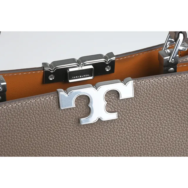 【TORY BURCH】TORY BURCH Eleanor經典銀色T字磁吸釦荔枝紋皮革手提斜背包(蘑菇棕)