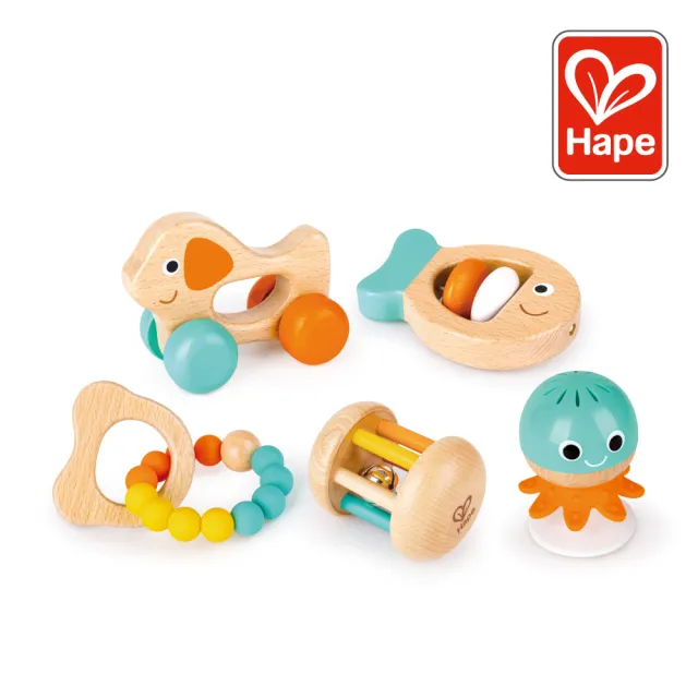 【Hape】嬰幼兒安撫搖鈴五件組(聲音玩具/安撫搖鈴/木製玩具/木頭玩具)