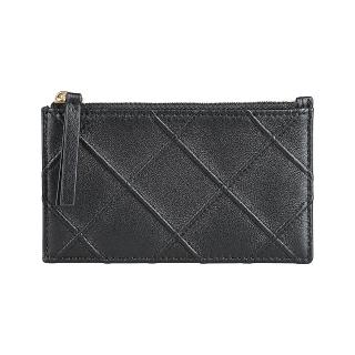 【TORY BURCH】TORY BURCH Fleming背面浮雕LOGO小牛皮菱格設計4卡拉鍊零錢卡夾(黑)