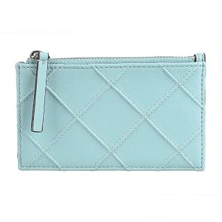 【TORY BURCH】TORY BURCH Fleming背面浮雕LOGO小牛皮菱格設計4卡拉鍊零錢卡夾(藍綠)