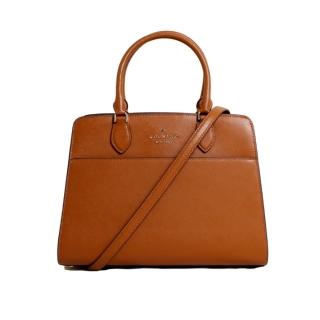 【KATE SPADE】MADISON桃心LOGO防刮皮革撞色手提斜背兩用包 公事包(金棕色)