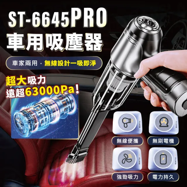 【SUiTU】無刷電機Pro頂級款 USB充電 強勁吸力款 車用吸塵器 ST-6645Pro 隨途(家車吹吸兩用 無線手持款)