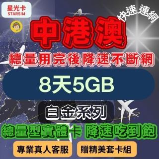 【星光卡 STAR SIM】白金中港澳上網絡卡8天5GB總量 用完降速吃到飽(旅遊上網絡卡 中港澳 網絡卡 日本網路)