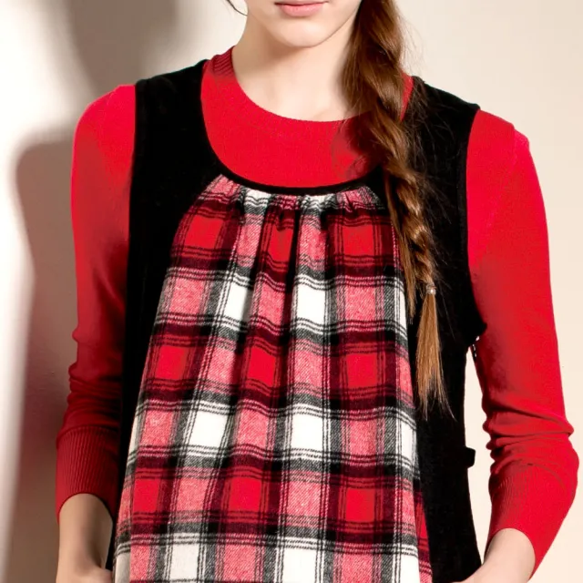 【Gennies 奇妮】格紋拼接羊毛無袖洋裝-紅/黑/藍(孕婦裝 保暖 U領 綁帶 雙口袋)