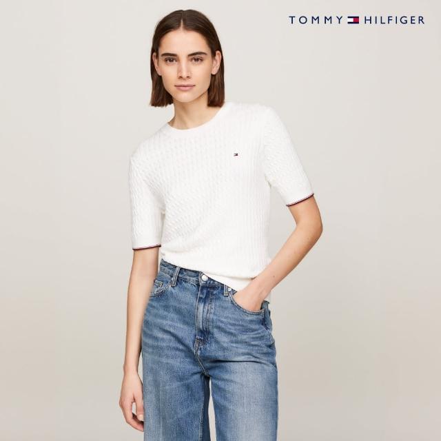 【Tommy Hilfiger】官方旗艦館 條紋修身短袖毛衣_裸色