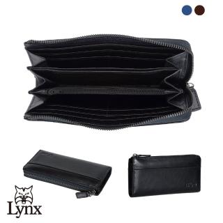 【Lynx】美國山貓義大利進口原皮牛皮L型拉鍊長夾8卡皮夾錢包男夾女夾(藍色/咖啡)