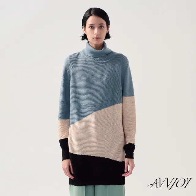【AVVJOY 艾薇卓爾】高領幾何色塊針織長上衣(羊毛 毛衣 針織衫 針織毛衣 針織上衣 長袖毛衣 CLA0372TP)
