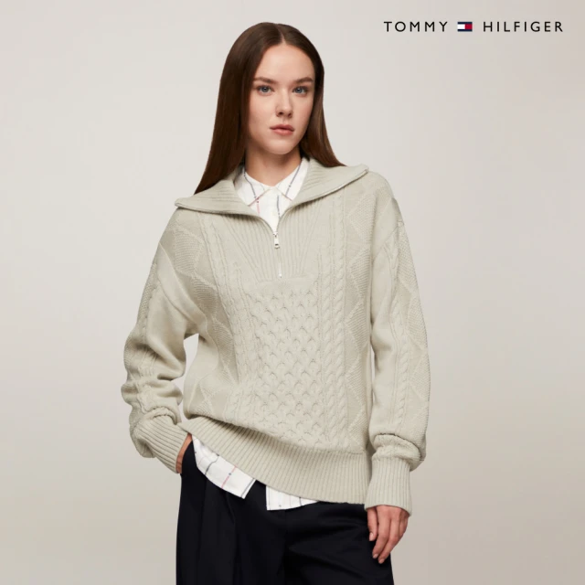 Tommy Hilfiger 官方旗艦館 漁夫風格絞花針織半拉鍊開襟毛衣_裸色