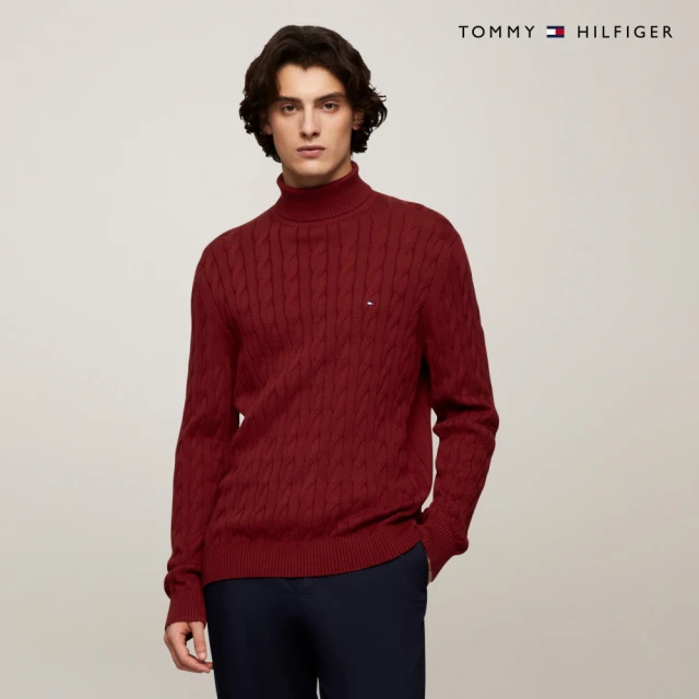 Tommy Hilfiger 官方旗艦館 棉質絞花針織高領毛衣_紅色