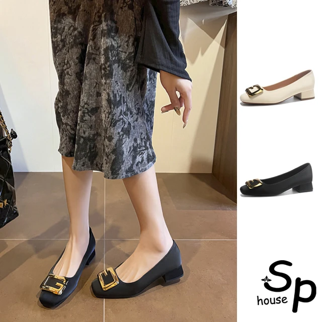 Sp houseSp house 方型金屬幾何綢緞都會時尚粗低跟鞋(2色可選)