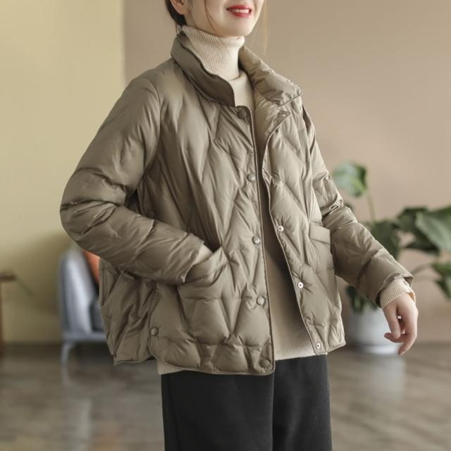 【米蘭精品】現貨+預購 真羽絨90%鴨絨羽絨外套(文藝復古壓膠純色女夾克3色74jx33)