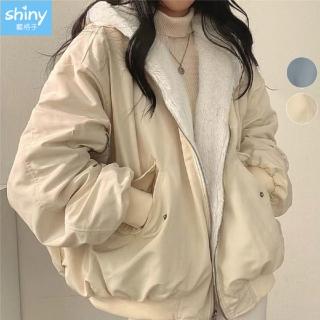 【Shiny 藍格子】素色絨毛加厚兩面穿拉鍊連帽外套 V3908 現+預(女裝 鋪棉 風衣 夾克)