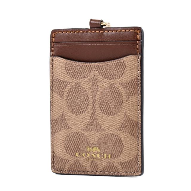 【COACH】緹花LOGO防刮皮革識別證掛帶票卡夾-棕褐