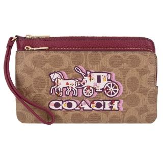 【COACH】限量 馬車LOGO 愛心印花 PVC拼接皮革 零錢包 雙層 大手拿包(老花卡其)