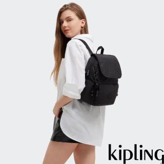 【KIPLING官方旗艦館】『猴子包』經典黑菱格紋印花掀蓋拉鍊後揹包-CITY ZIP S