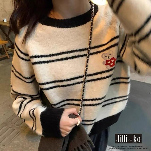 【JILLI-KO】法式刺繡愛心小熊短款條紋毛衣-F(白)