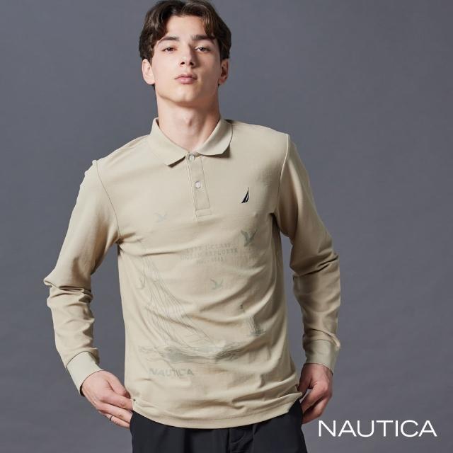 【NAUTICA】官方旗艦 男裝 涼感帆船印花長袖POLO衫(卡其色)