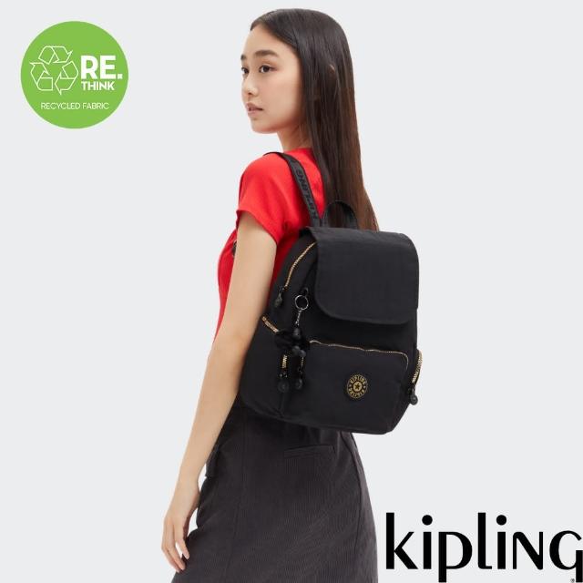 【KIPLING官方旗艦館】『猴子包』黑底撞色拉鍊掀蓋拉鍊後背包-CITY ZIP S
