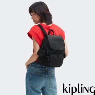 【KIPLING官方旗艦館】經典黑菱格紋印花拉鍊掀蓋後揹包-CITY PACK S