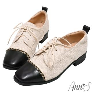 【Ann’S】小香風-異材質拼接穿皮鍊方頭平底牛津鞋3cm(米白)
