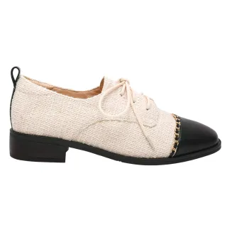 【Ann’S】小香風-異材質拼接穿皮鍊方頭平底牛津鞋3cm(米白)