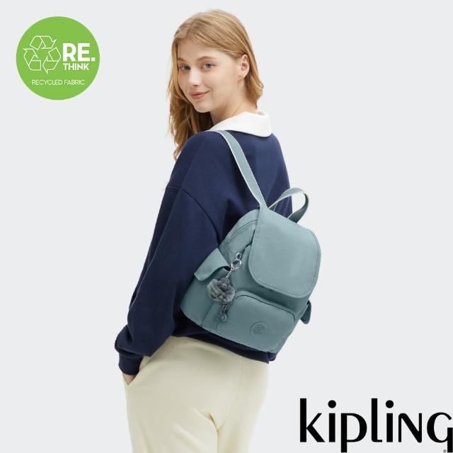 【KIPLING官方旗艦館】『猴子包』霧灰松綠拉鍊掀蓋後背包-CITY PACK MINI