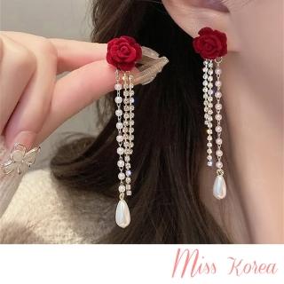 【MISS KOREA】韓國設計法式復古植絨花朵長流蘇墜鍊造型耳環(植絨耳環 花朵耳環 流蘇耳環)